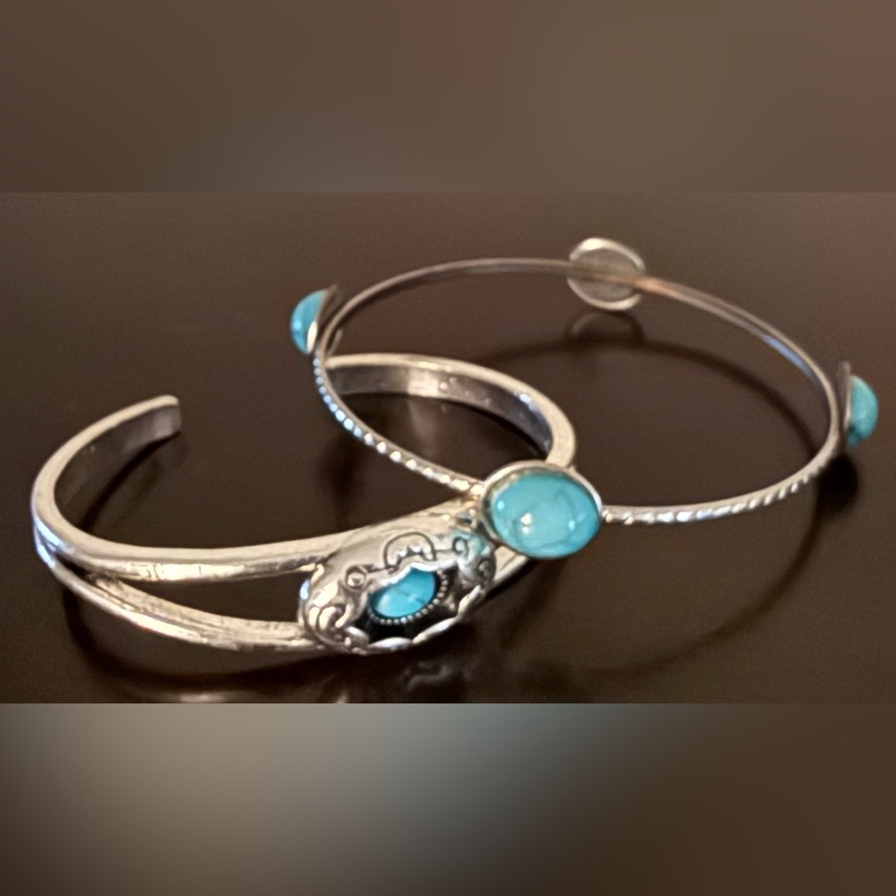 Silver Turquoise Cuff Bracelet Set | Southwestern Boho Stackable Bangles - Picture 3 of 7